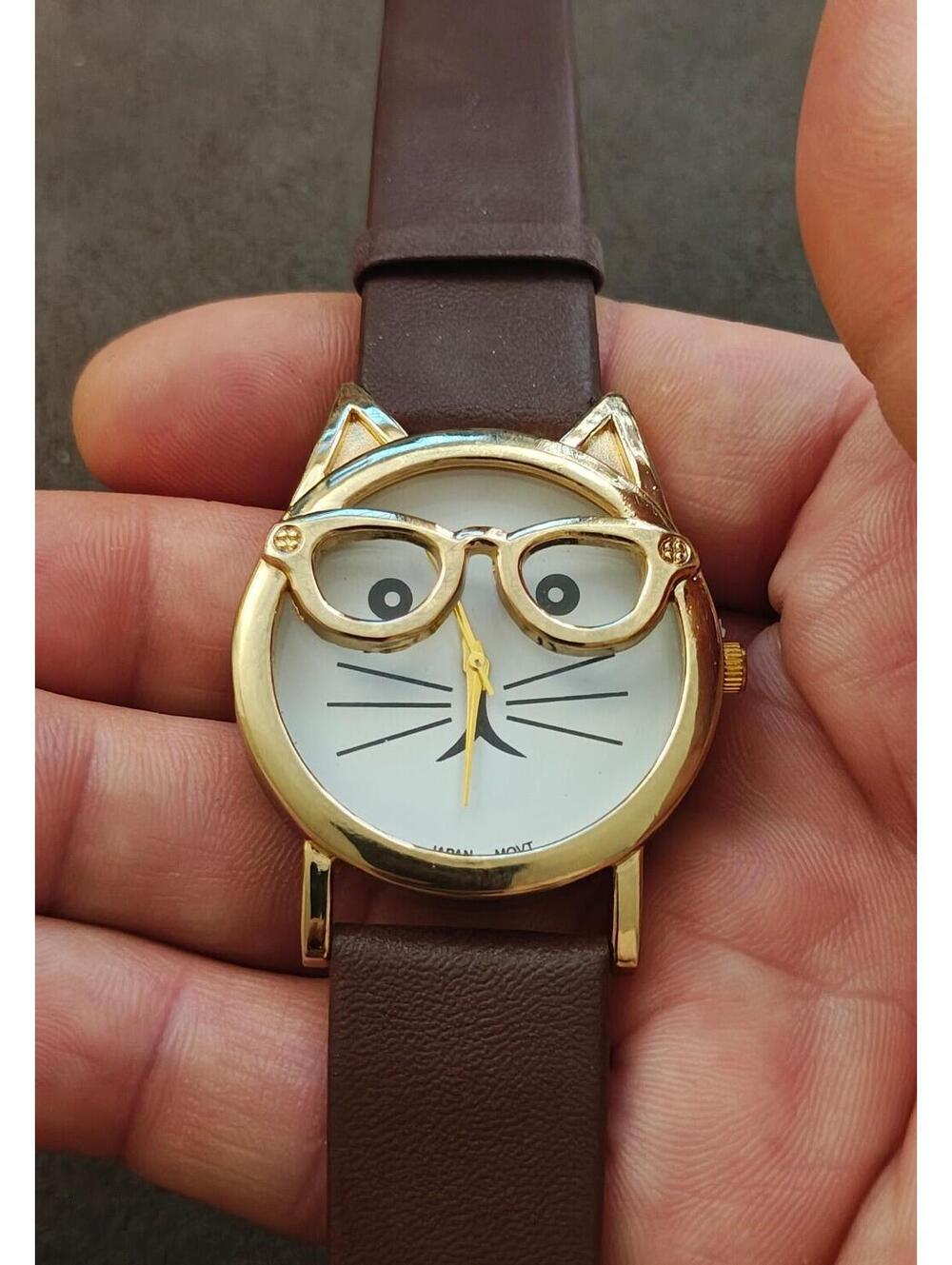 Playful Cat With Glasses &  Brown Faux Leather Band Ladies Watch